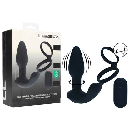 LEVELZ Dual Vibrating Prostate Stimulator with Cock Ring - Black USB Rechargeable Vibrating Butt Plug with Cock Ring
