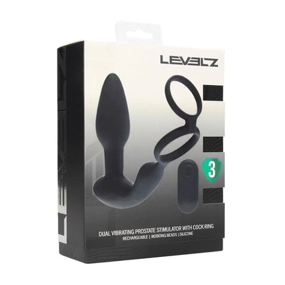 LEVELZ Dual Vibrating Prostate Stimulator with Cock Ring - Black USB Rechargeable Vibrating Butt Plug with Cock Ring