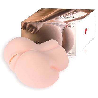 Peach mini buttocks masturbator in front of white Kokos Angel 1 retail box on a white backdrop.