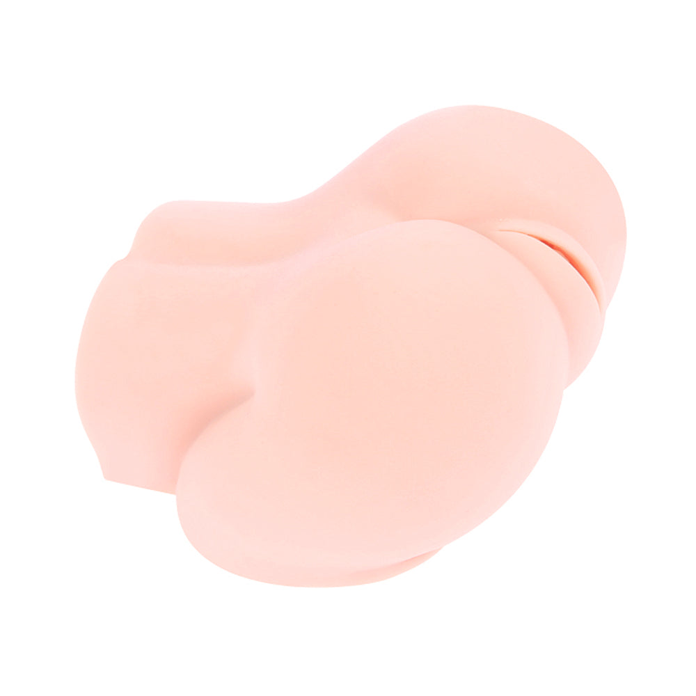 Light pink lower-torso masturbator at three-quarter angle, showing buttocks curves and vulva detail.