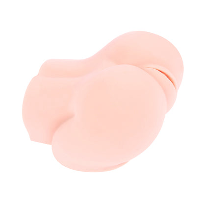 Light pink lower-torso masturbator at three-quarter angle, showing buttocks curves and vulva detail.