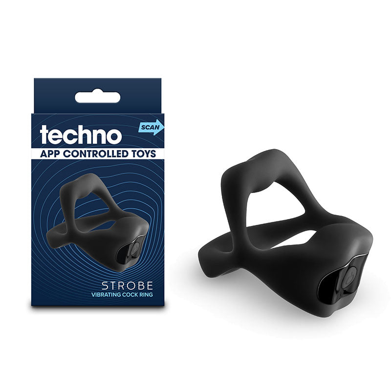 Techno - Strobe - Black - Black USB Rechargeable Vibrating Cock Ring with App Control