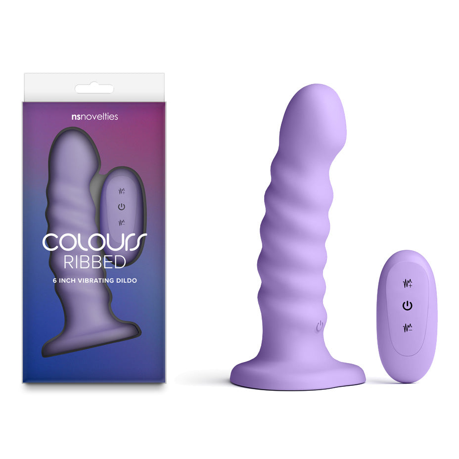 Colours Ribbed - 6'' Vibrating Dildo - Purple - Purple 16.5 cm USB Rechargeable Vibrating Dildo with Wireless Remote