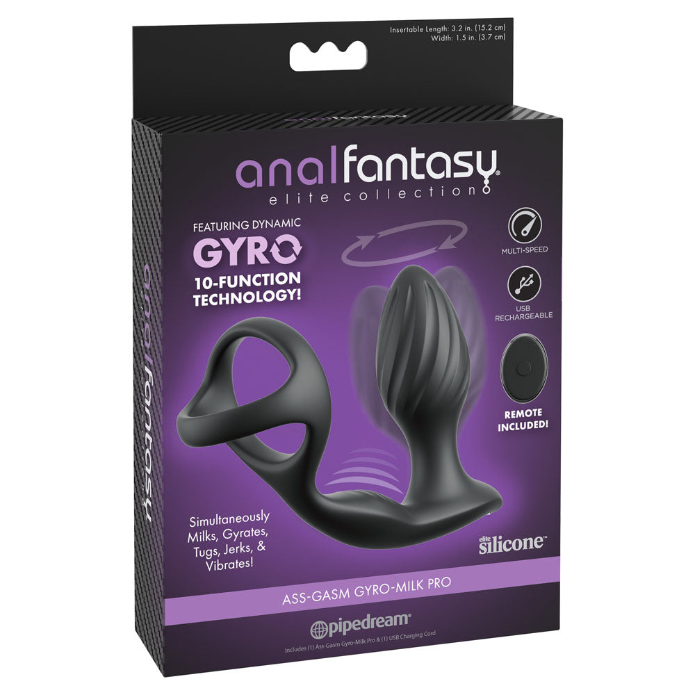 Anal Fantasy Elite Ass-Gasm Gyro-Milk Pro - Black USB Rechargeable Gyrating Butt Plug with Cock Ring