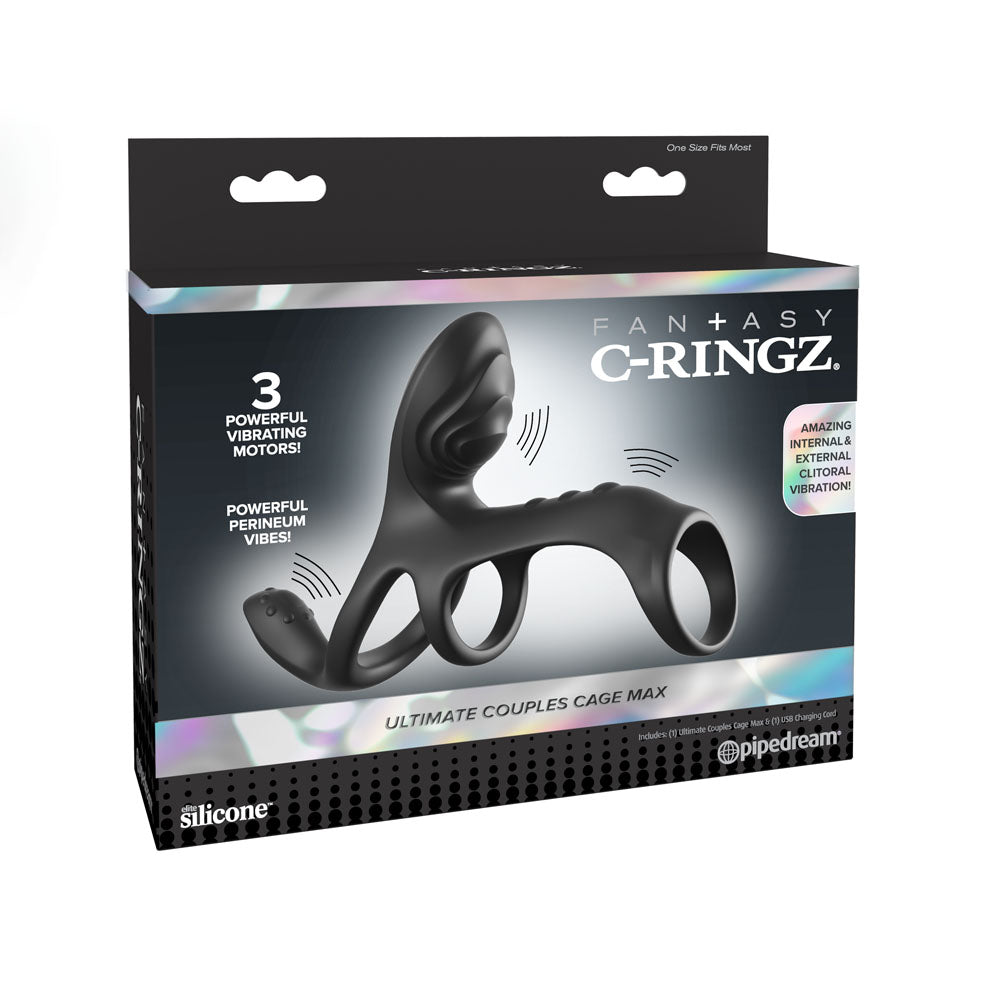 Fantasy C-Ringz Ultimate Couples Cage Max - Black USB Rechargeable Vibrating Cock Ring Cage