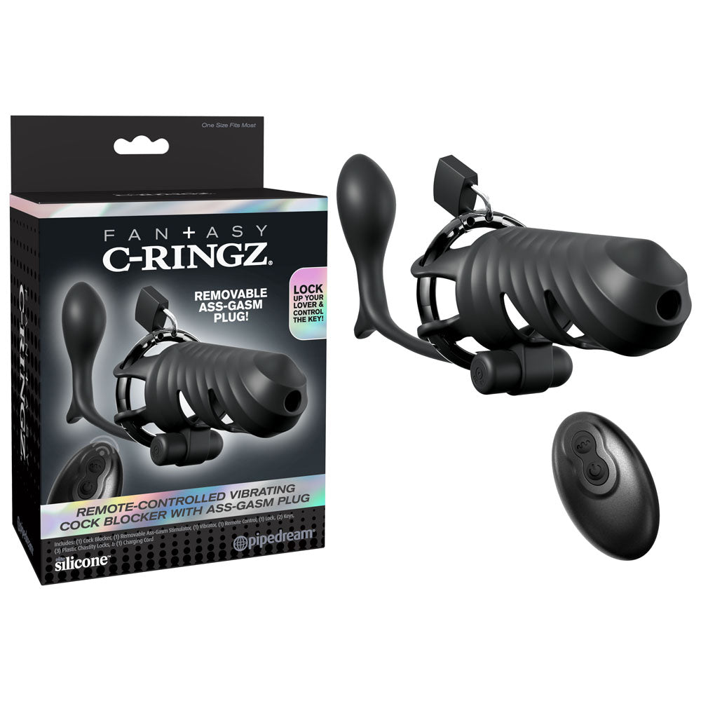 Fantasy C-Ringz Remote-Controlled Vibrating Cock Blocker with Ass-Gasm Plug - Black Vibrating Cock Cage with Anal Plug