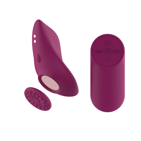 Purple Passion Play magnet panty vibe with floral magnetic clip and cylindrical remote.