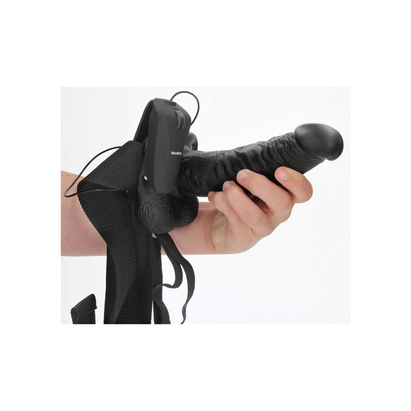 REALROCK Vibrating Hollow Strapon + Balls - 18cm Black