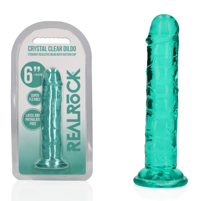 6 inch Green clear dildo with packaging labeled 'Real Rock' on a white background