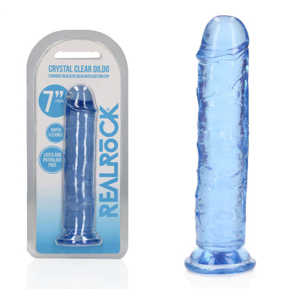 7 inch Blue clear dildo with packaging on a white background