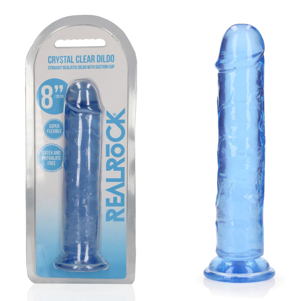 8 inch Blue clear dildo with packaging labeled 'Real Rock' on a white background