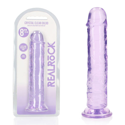 eight inch Purple clear dildo with packaging on a white background