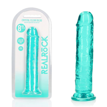 eight inch Turquoise clear dildo with packaging on a white background