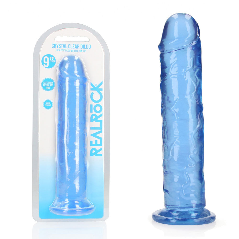 nine inch Blue dildo with packaging on a white background