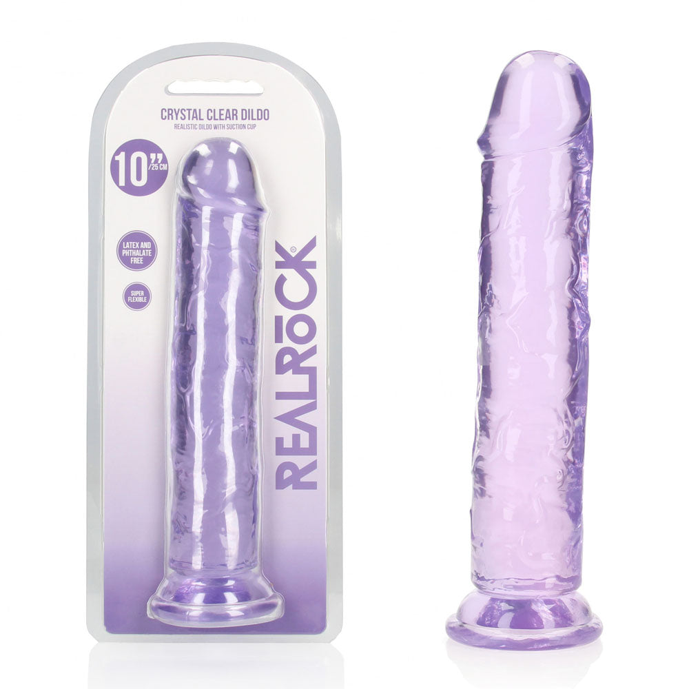 10" Purple crystal clear dildo with 'Real Rock' packaging on a white background
