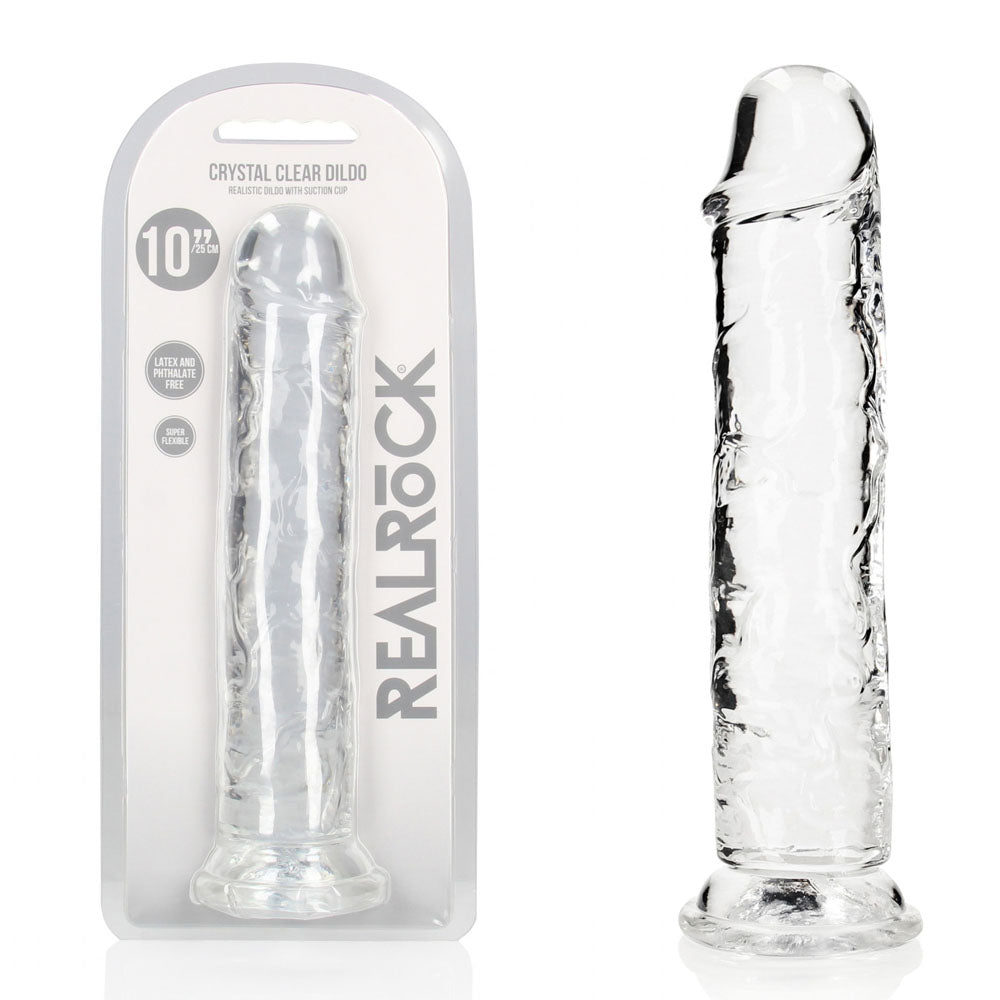 10" Clear dildo with 'Real Rock' packaging on a white background
