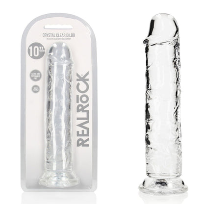 10" Clear dildo with 'Real Rock' packaging on a white background