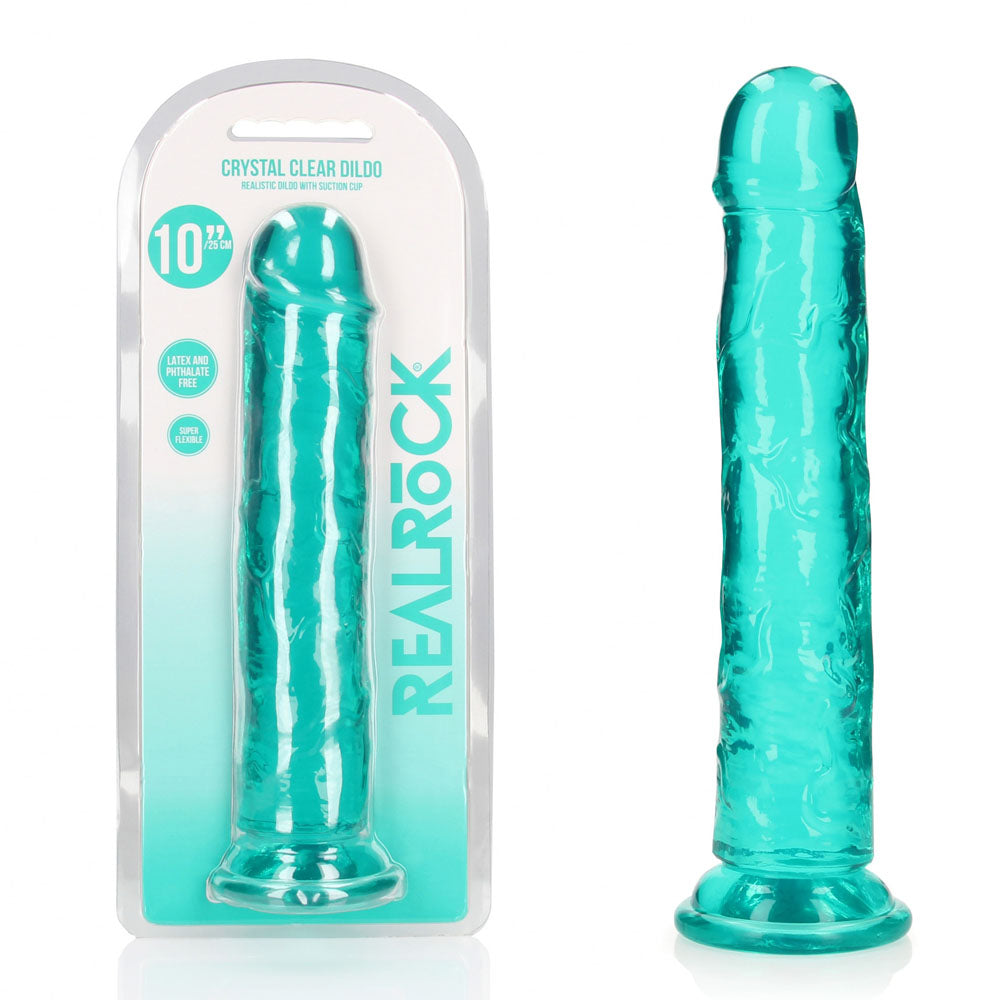 10" Turquoise RealRock dildo with packaging on a white background