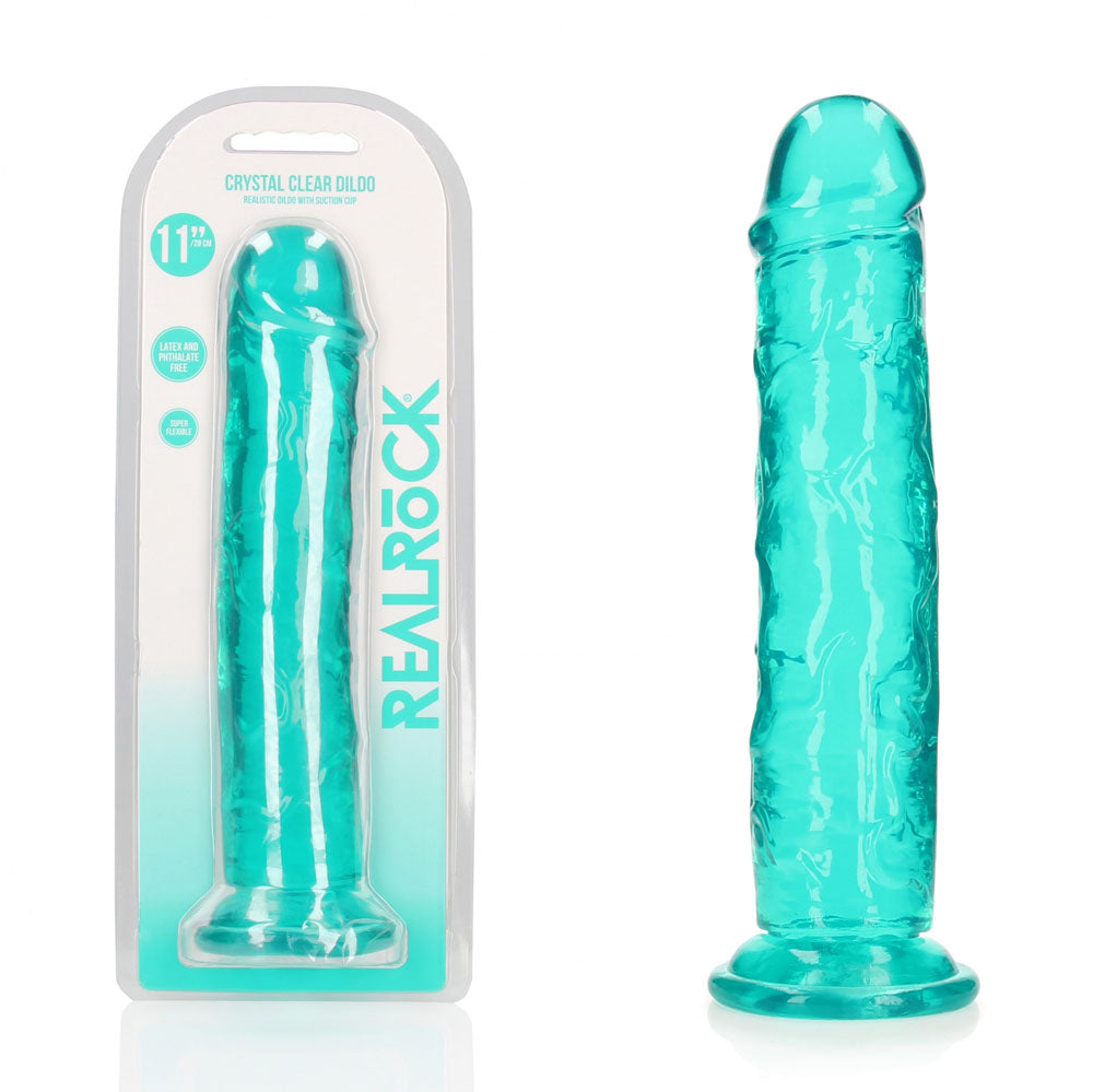 11" Turquoise dildo with 'Real Rock' branding on a white background