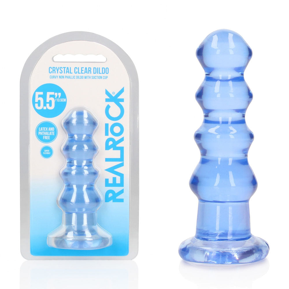5.5" blue crystal clear dildo with packaging on a white background