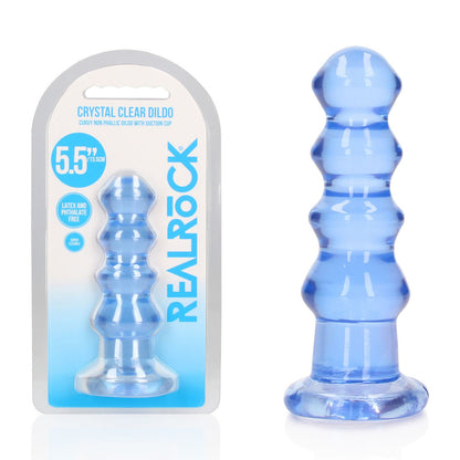 5.5" blue crystal clear dildo with packaging on a white background
