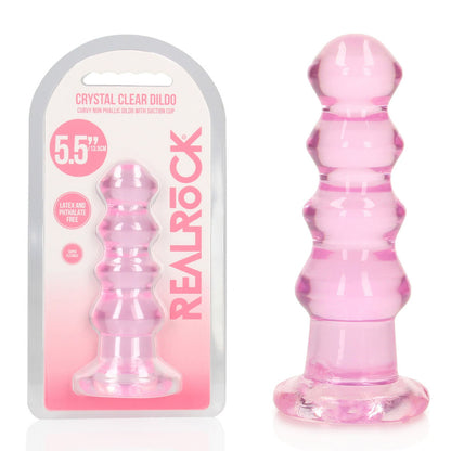 5.5" Pink clear crystal dildo with packaging on a white background