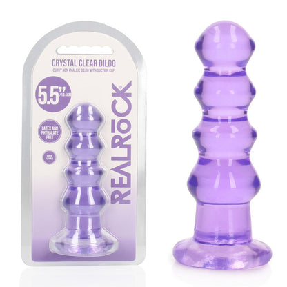 5.5" Purple clear dildo with packaging labeled 'Real Rock' on a white background