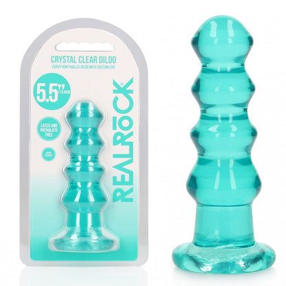 5.5" Turquoise clear dildo with packaging labeled 'Real Rock' on a white background