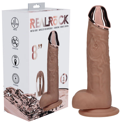 8-inch brown silicone product with rose gold cap next to its packaging on a white background