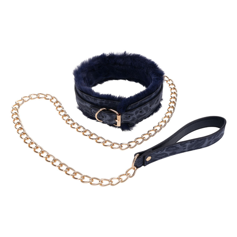 Sex & Mischief Cougar Fur Collar & Leash - Navy Blue/Gold Furry Restraint