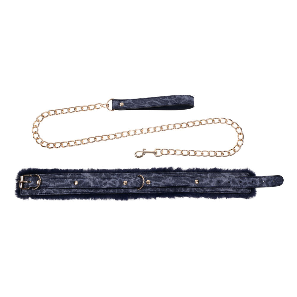 Sex & Mischief Cougar Fur Collar & Leash - Navy Blue/Gold Furry Restraint