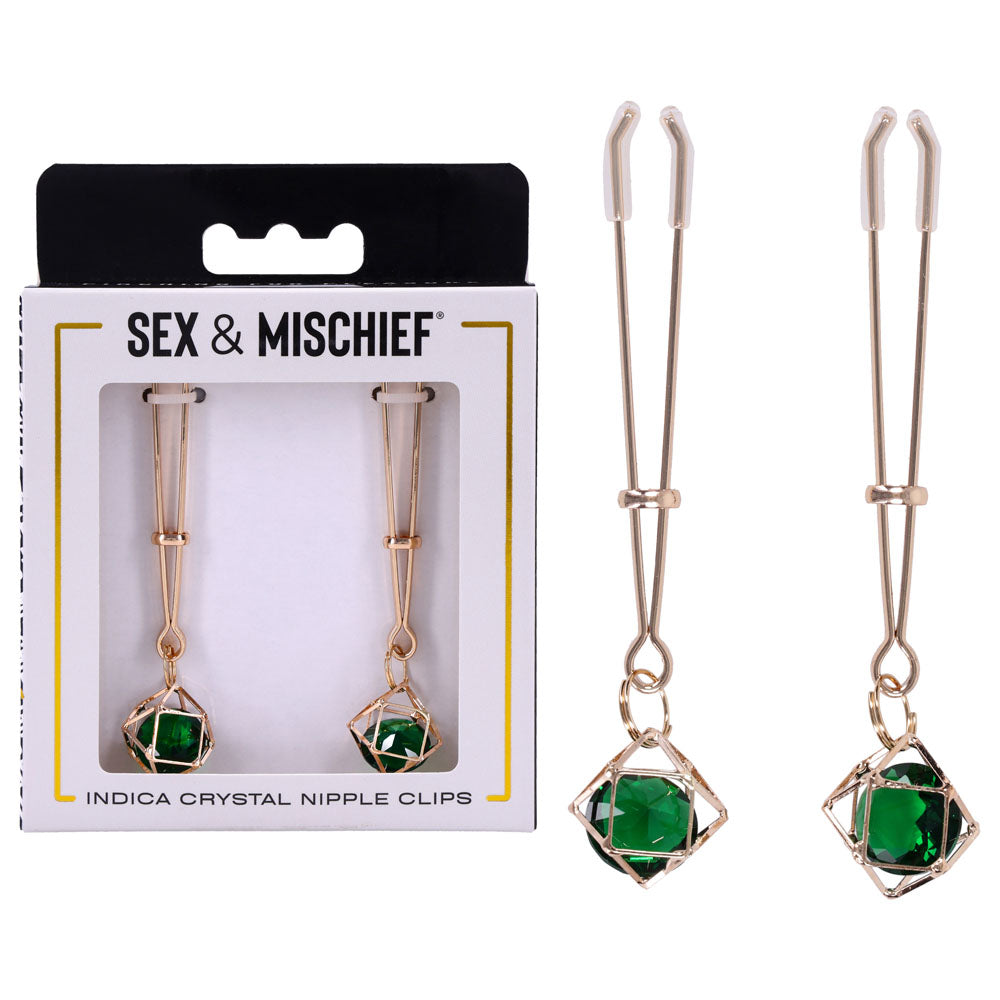 Sex & Mischief Indica Crystal Nipple Clips - Gold Nipple Clips with Emerald Gems