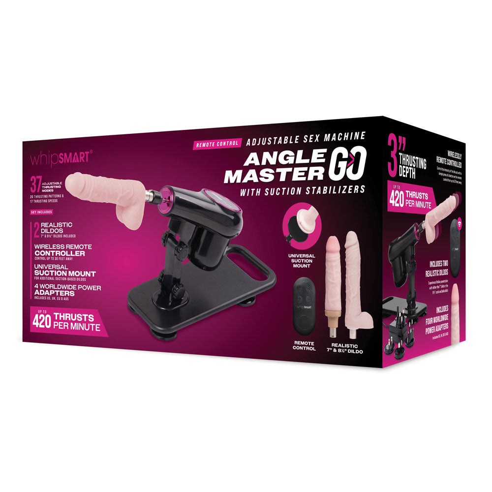 Product packaging of Angle Master GO adjustable sex machine on a white background
