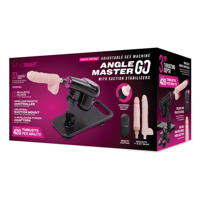 Product packaging of Angle Master GO adjustable sex machine on a white background