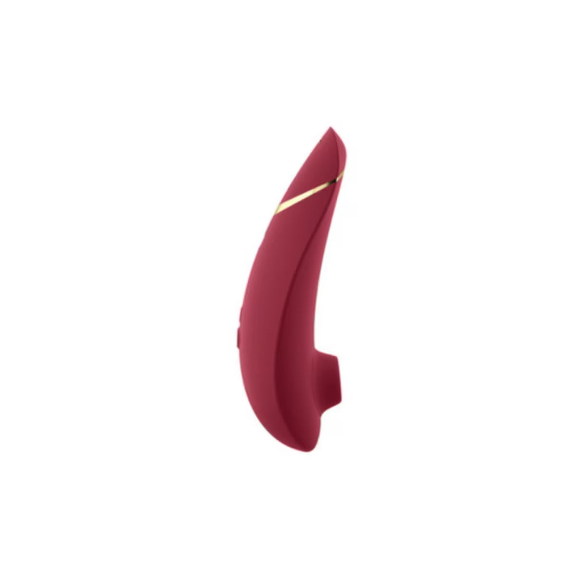 A maroon Womanizer Premium 2 clitoral stimulator with gold accents appears next to its matching box, displaying the Womanizer brand, product name, tagline "Define your luxury," and highlighting advanced Pleasure Air Technology.