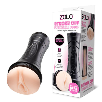 Zolo Stroke Off pornstar pussy product with packaging on a white background