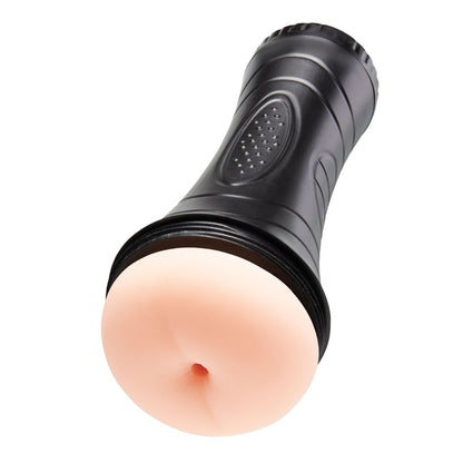 Black flashlight with a realistic silicone vulva attachment on a white background